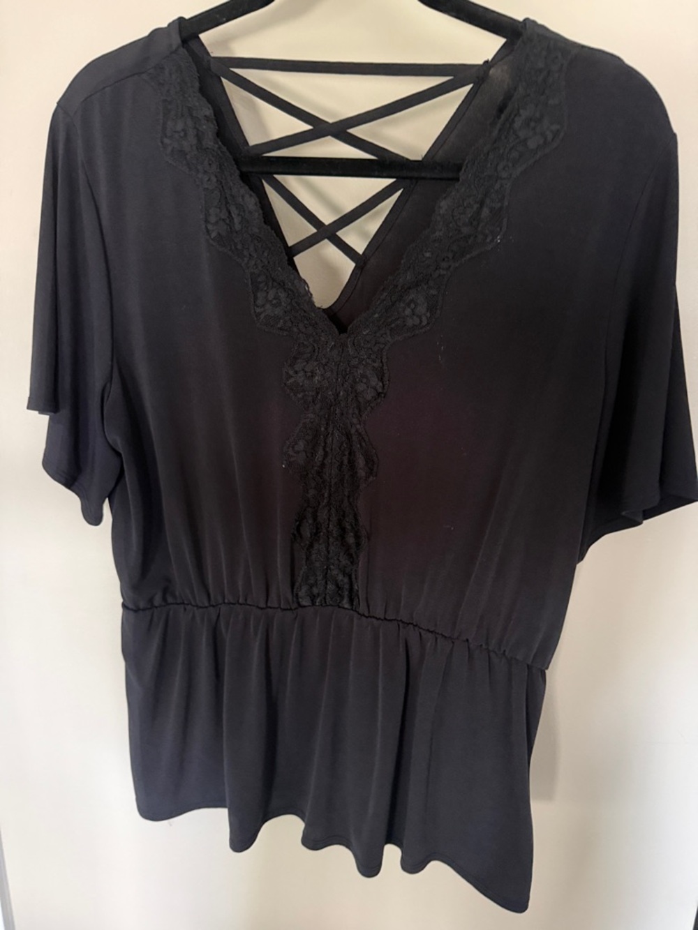 Maurices Black Lace-Detail Crisscross V-Neck Peplum Top